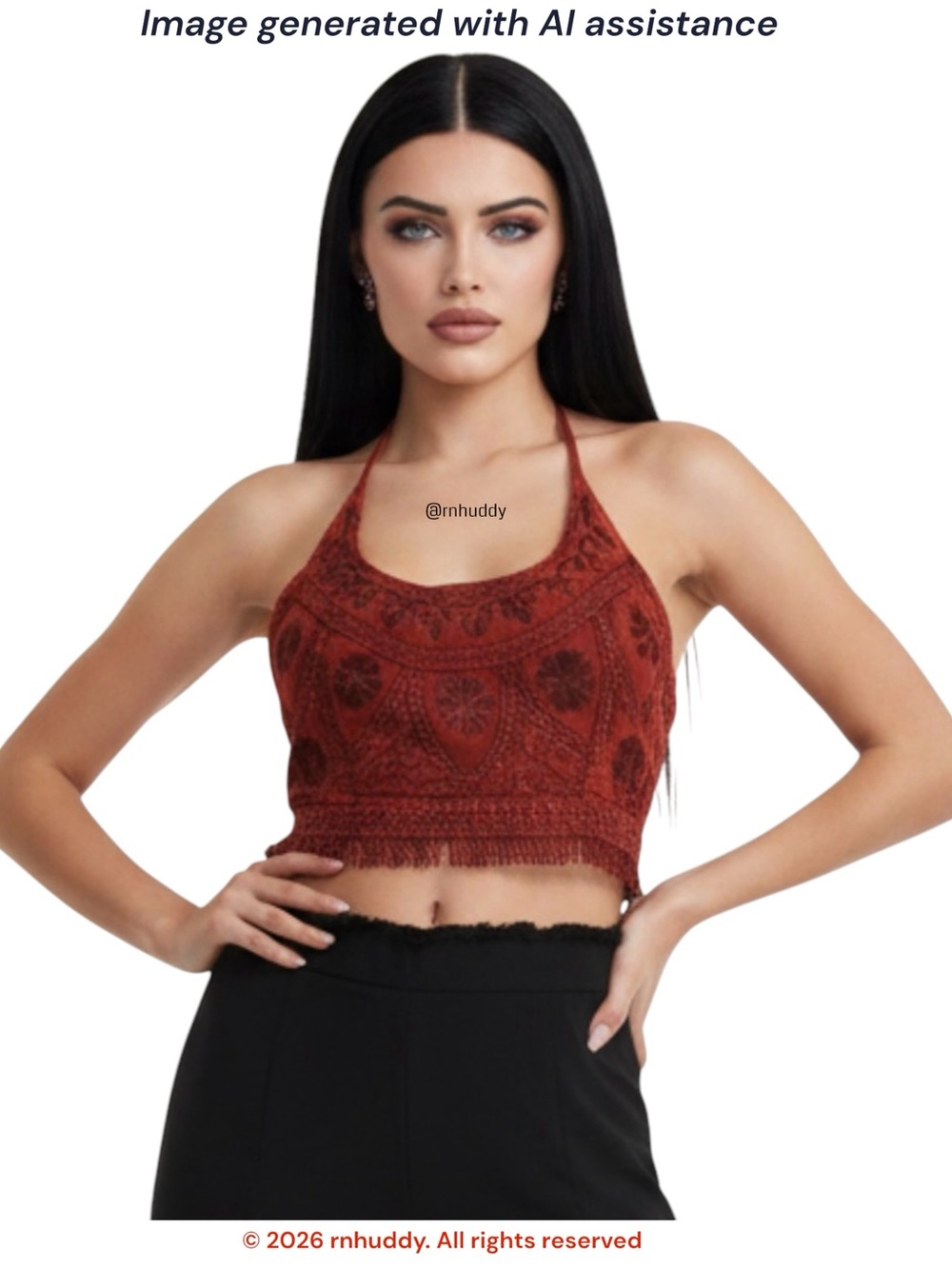 Rhea free size OSFM red embroidered fringe halter